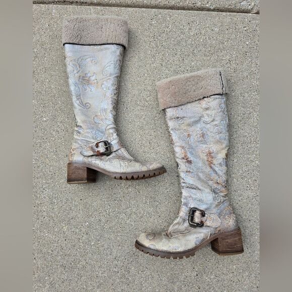 Knee High Embroidered Metallic Bronze Silver Sherpa Lined Rugged Western Boots 8 - Picture 3 of 11